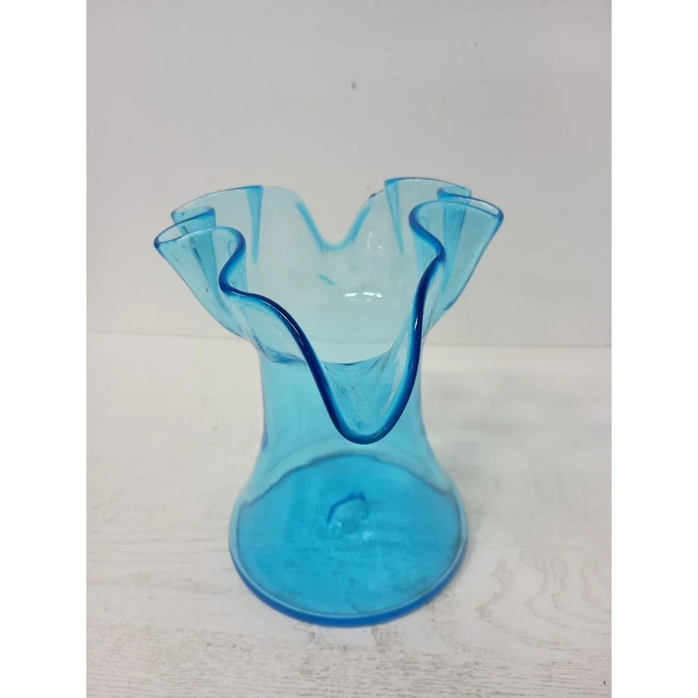 VTG Rainbow Kanawha Blue Glass Vase Ruffle Edge Hand Blown Mid Century Modern - Picture 6 of 10